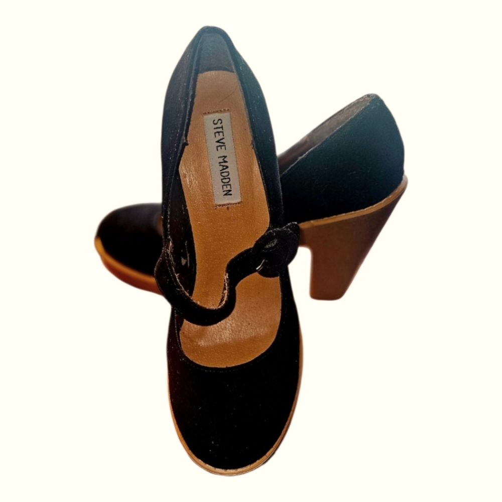 Vintage Steve Madden Black Suede Gothic Mod  Platform Doll Heels Mary Janes 6 - Picture 2 of 6